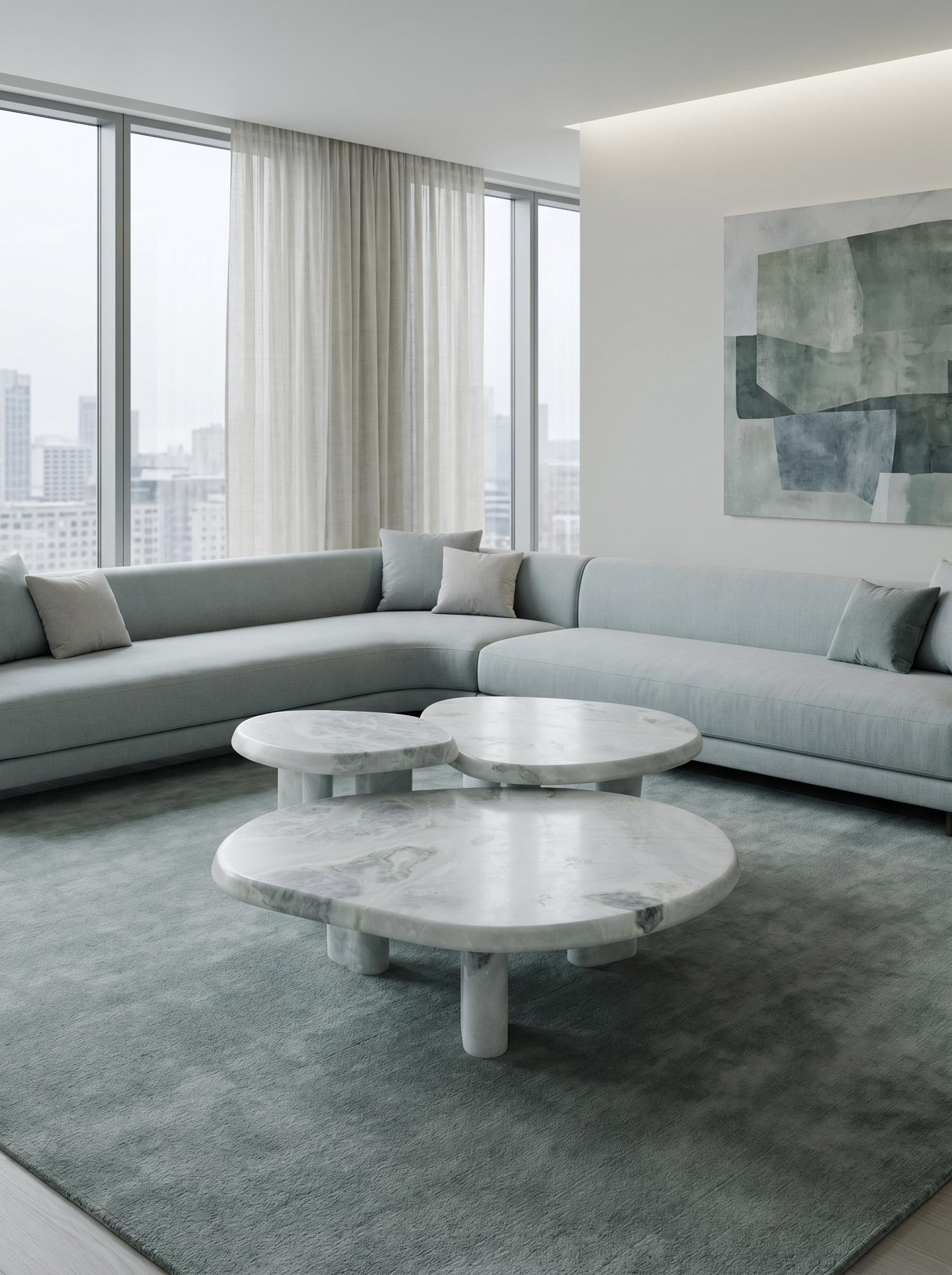 Luxury Green Forest Marble Nesting Coffee Table Set with Three Organic Sculptural Pieces