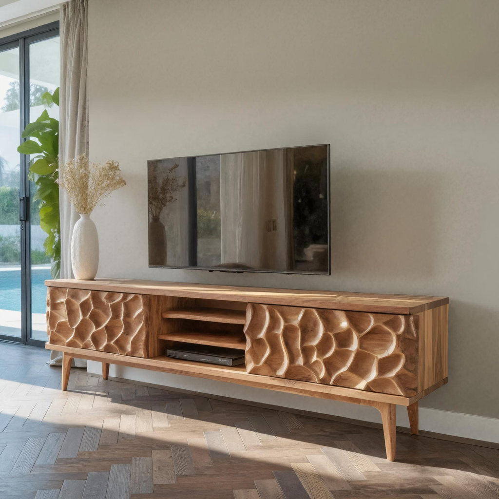 Rustic TV Stand With Carved Doors For Living Room