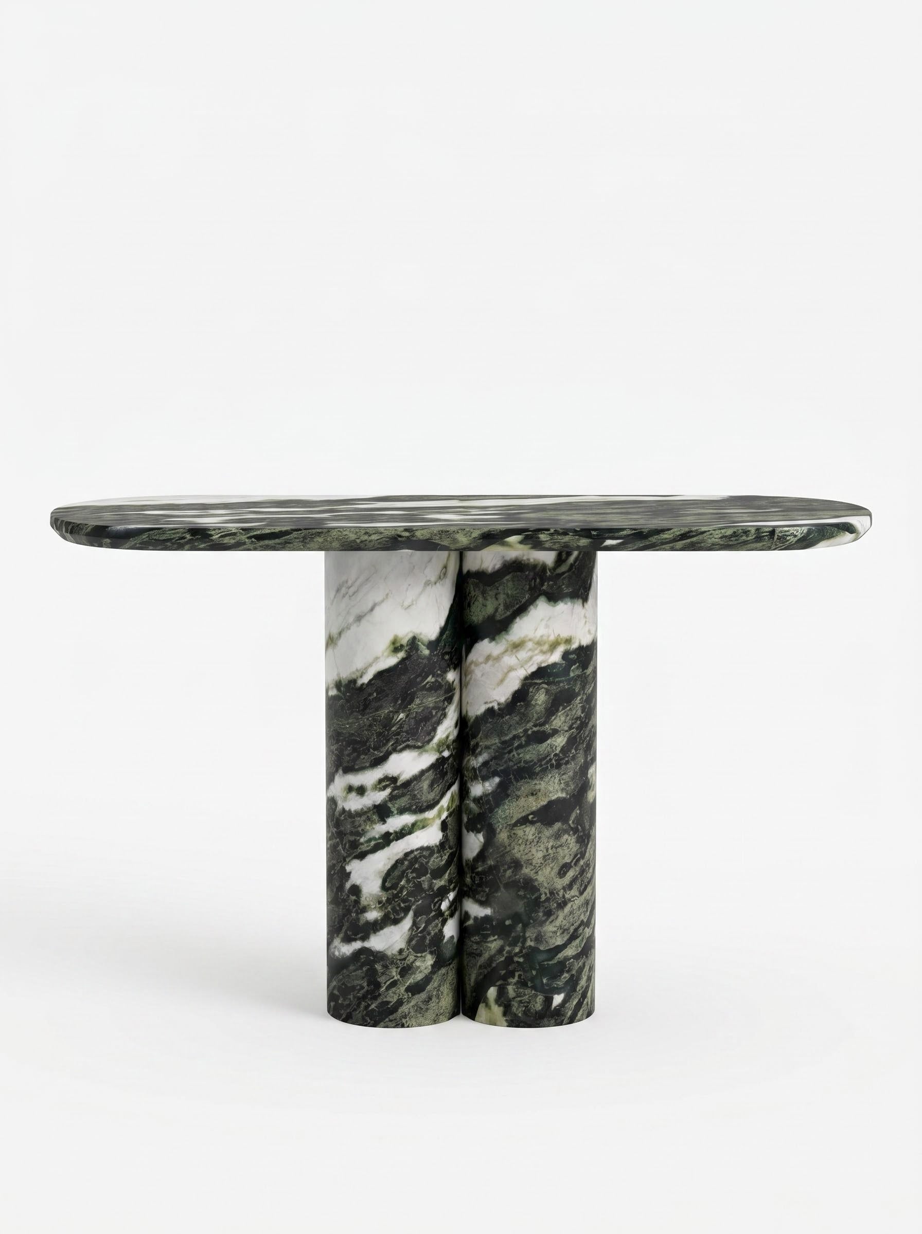 Green Forest Marble Console Table with Oval Shape Top and Double Cylinder Legs