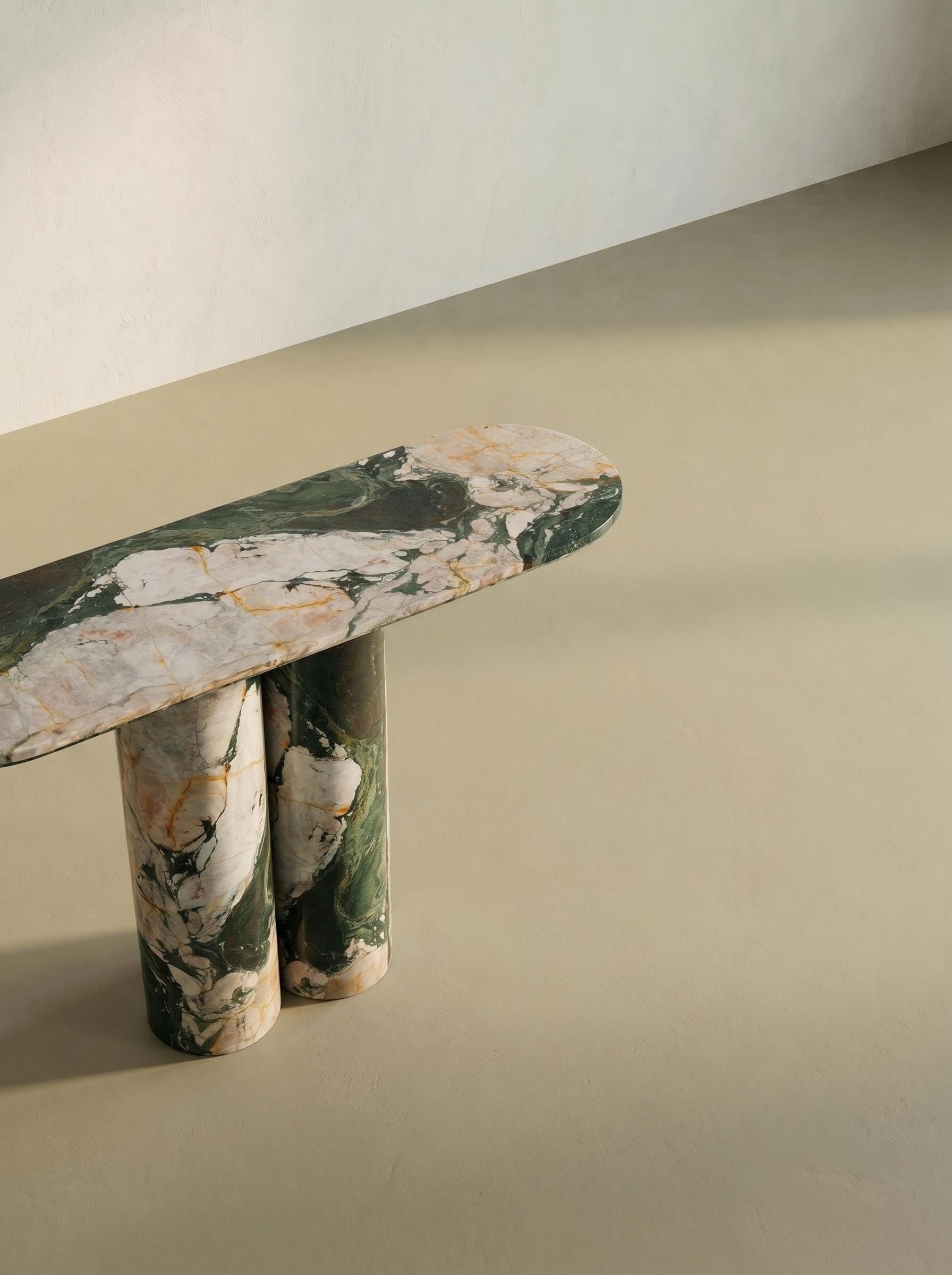 Luxury Les Quatre Saisons Marble Console Table with Oval Top and Double Cylinder Legs