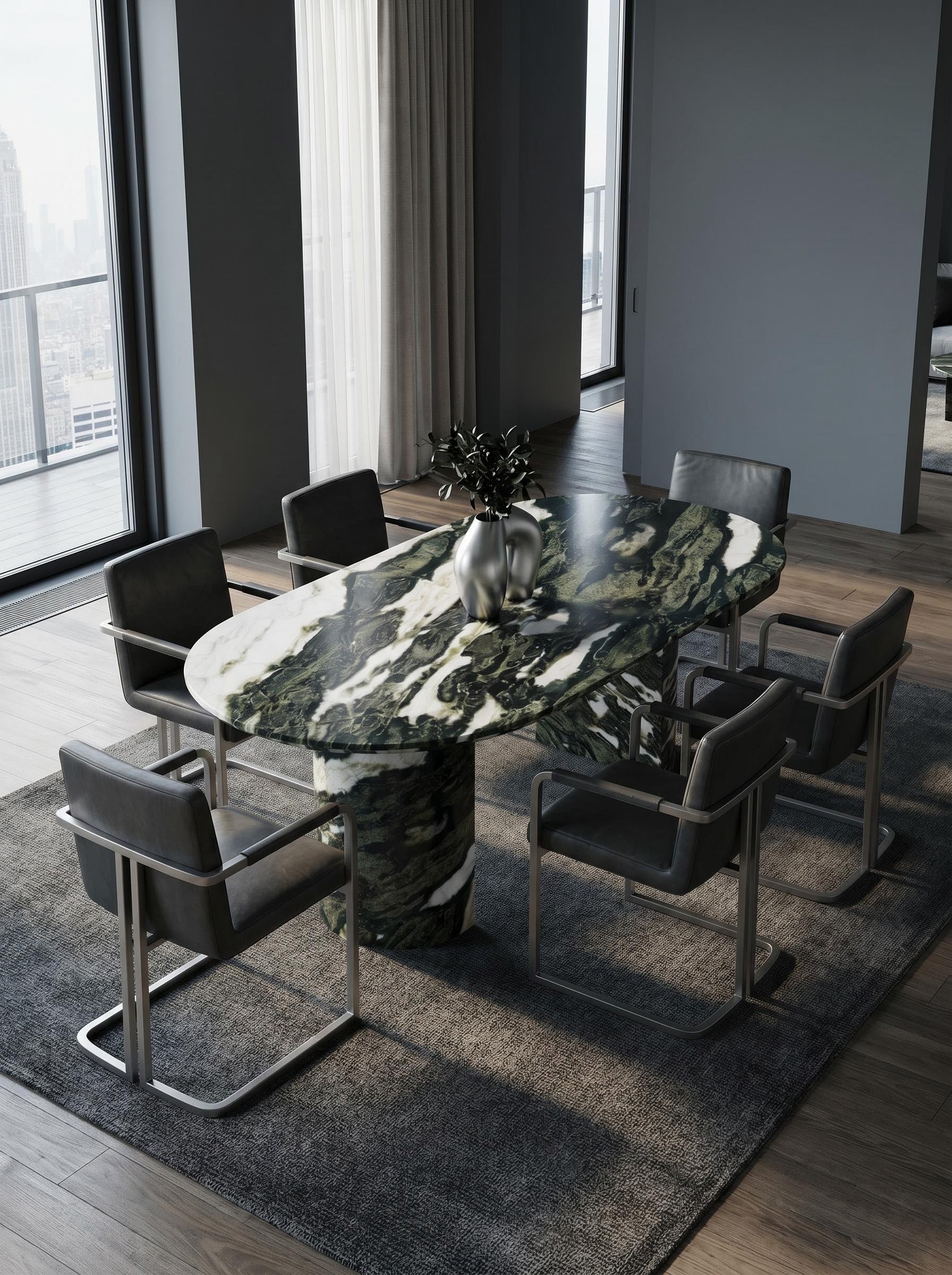 Luxury Green Forest Marble Oval Dining Table with Sculptural D-Shaped Pedestal Base