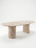 Natural Luxury Stone Oval Dining Table, One-Piece Solid Slab Cut, Unique Pink-Green Natural Veining, Sturdy Double Pedestal Base for Home Dining & Gatherings