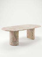 Natural Luxury Stone Oval Dining Table, One-Piece Solid Slab Cut, Unique Pink-Green Natural Veining, Sturdy Double Pedestal Base for Home Dining & Gatherings