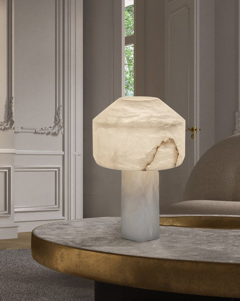 Nature Inspired Cylinder White Alabaster Short Table Lamp 8in for bedroom