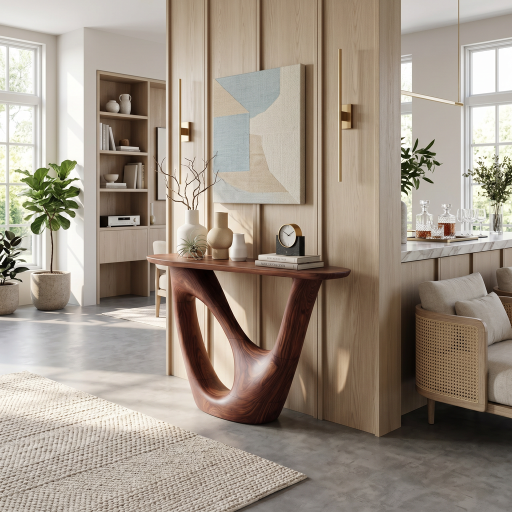 Mid Century Live Edge Console Table Sculptural Solid Wood For Living Room
