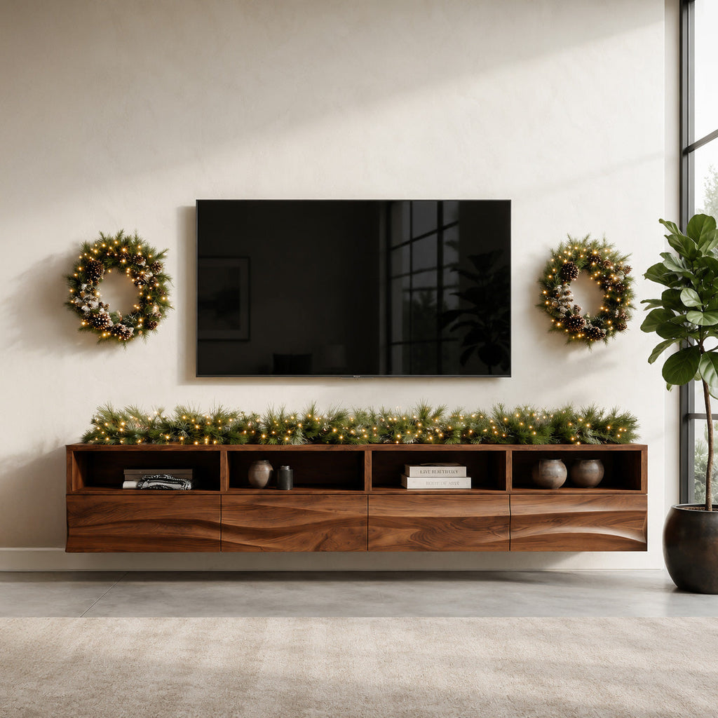 Floating Wave-Pattern TV Console For Holiday Decor