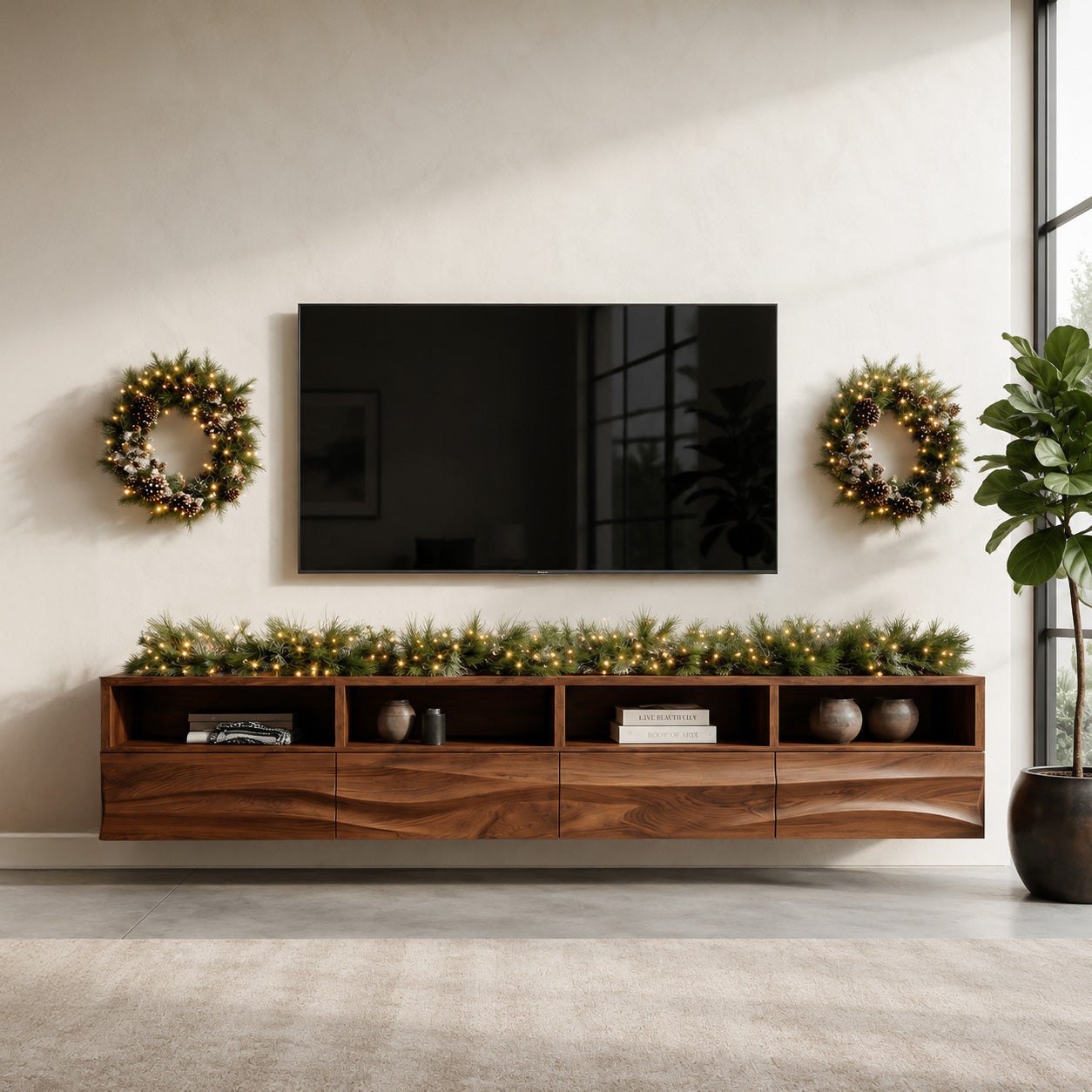 Floating Wave-Pattern TV Console For Holiday Decor