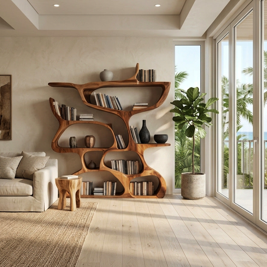 Modern Bookshelf With Organic Carved Design For Living Room Or Office