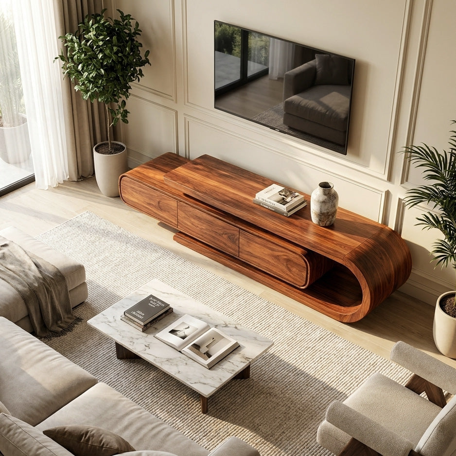 Contemporary Curved Wooden TV Console For Living Room