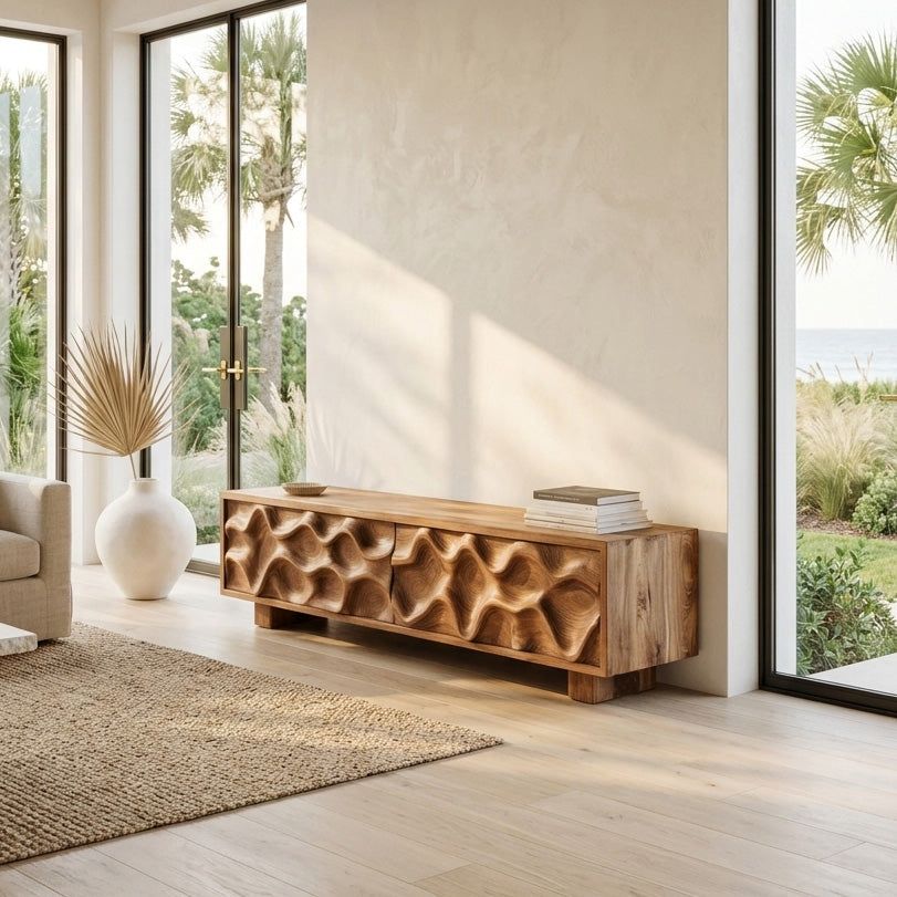 Hand Carved TV Stand With Wave Design For Living Room