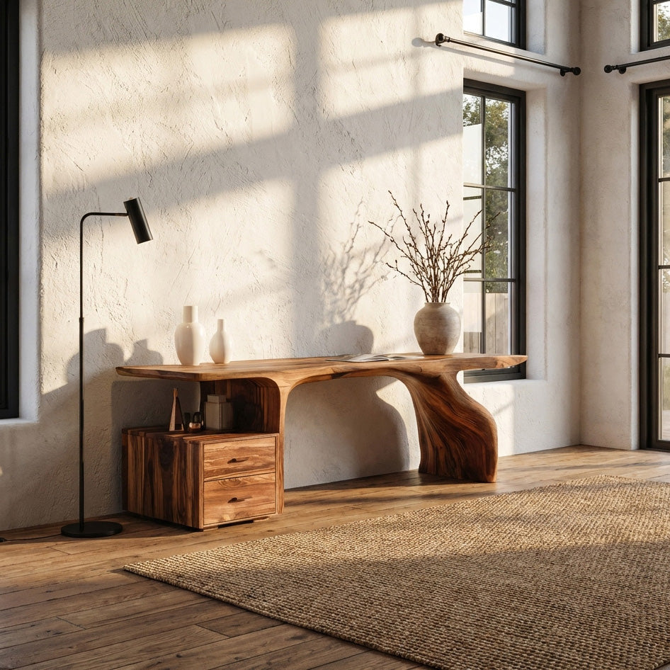 Organic Live Edge Wood Desk With Storage Drawers For Workspace