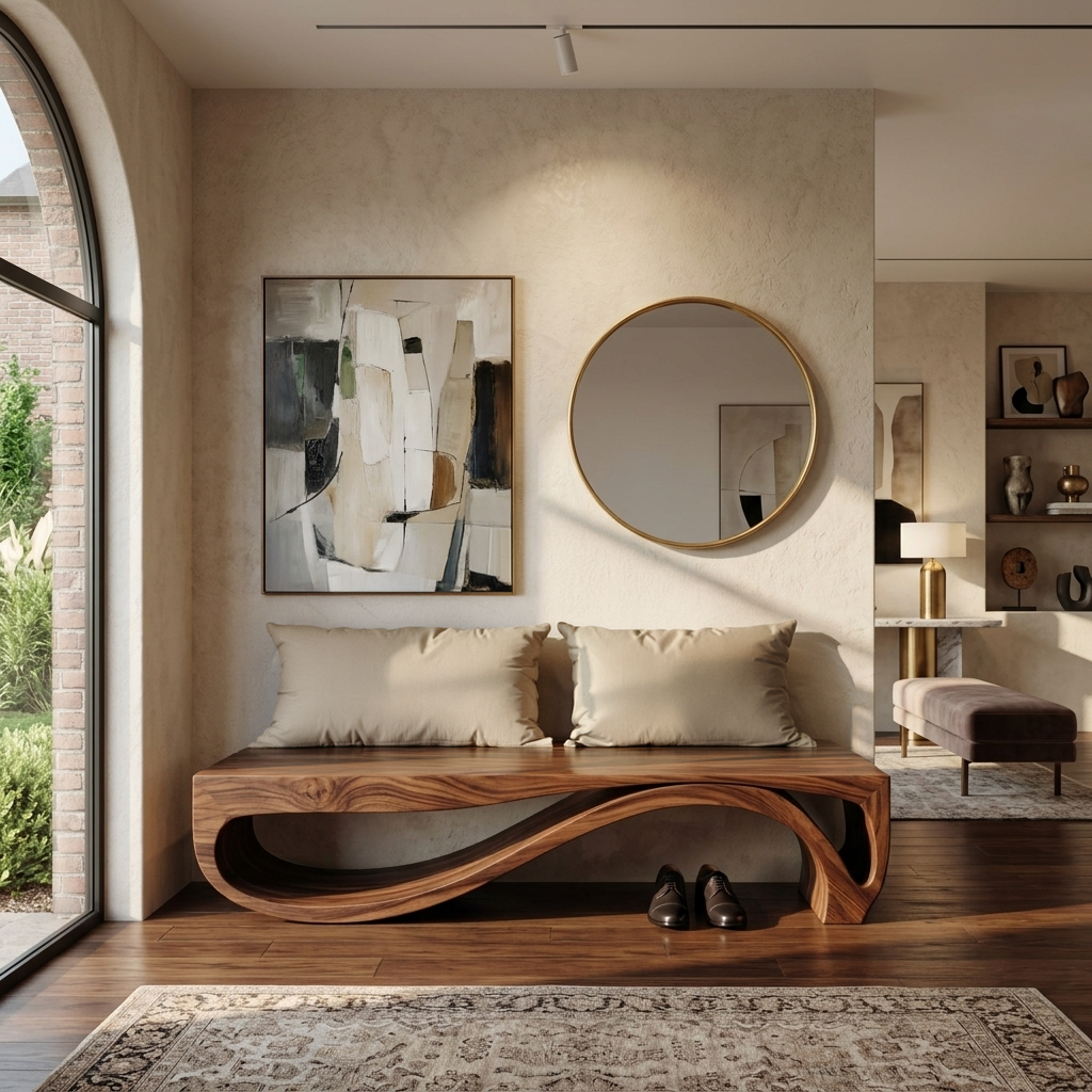 Sculptural Bench With Wave Design For Entryway