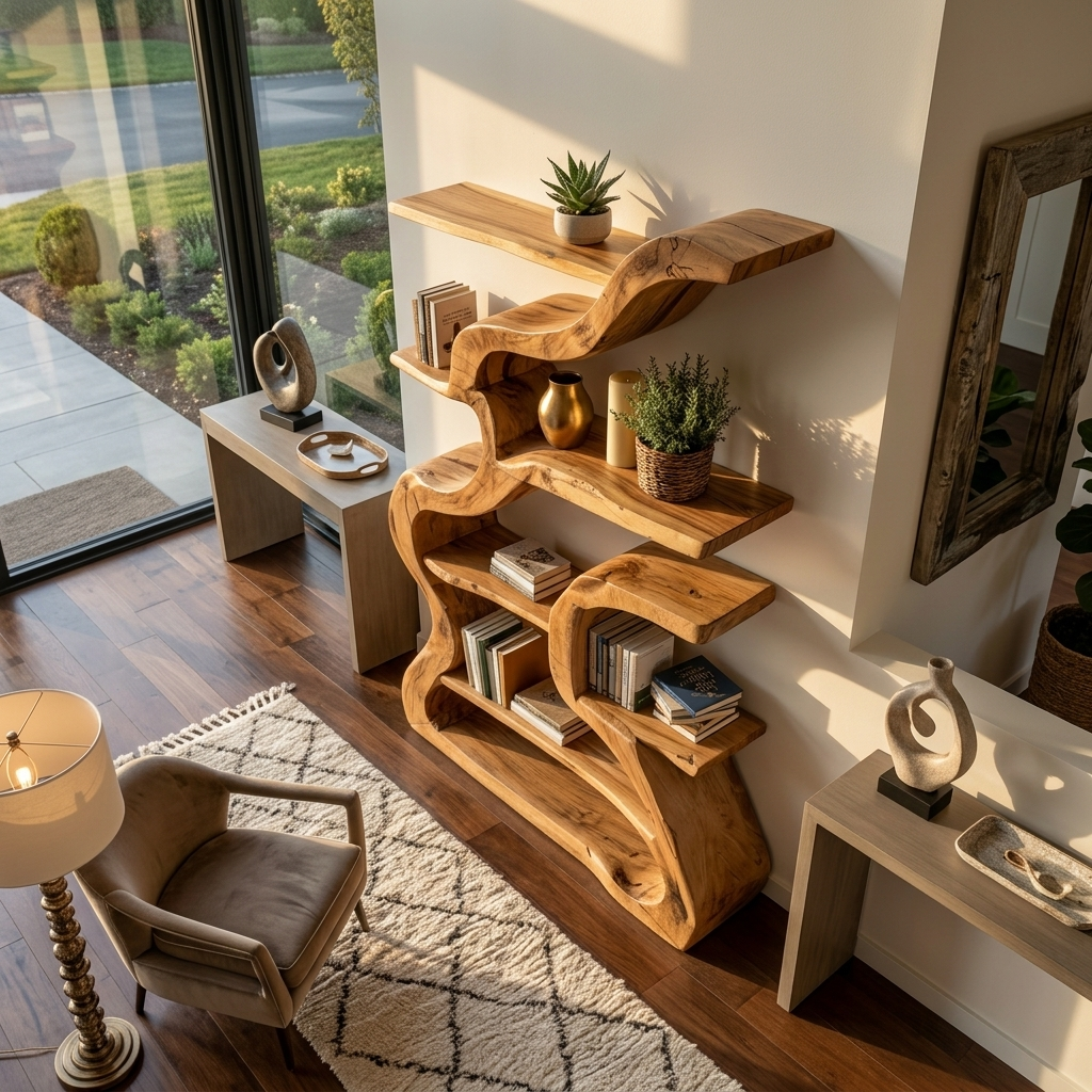 Organic Sculptural Bookshelf With Curved Design For Living Room