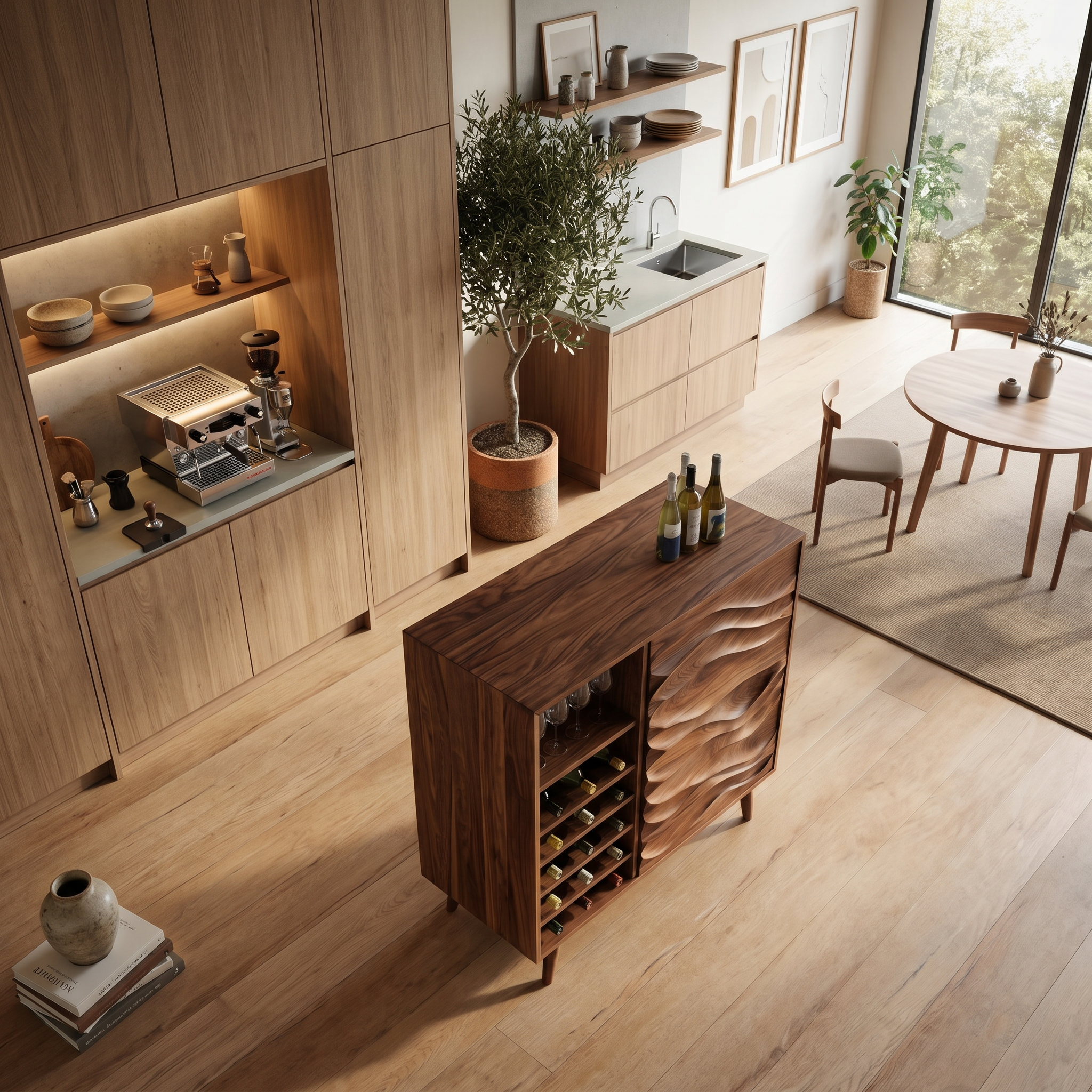 Sculptural Wine Cabinet With Wave Carved Doors For Kitchen