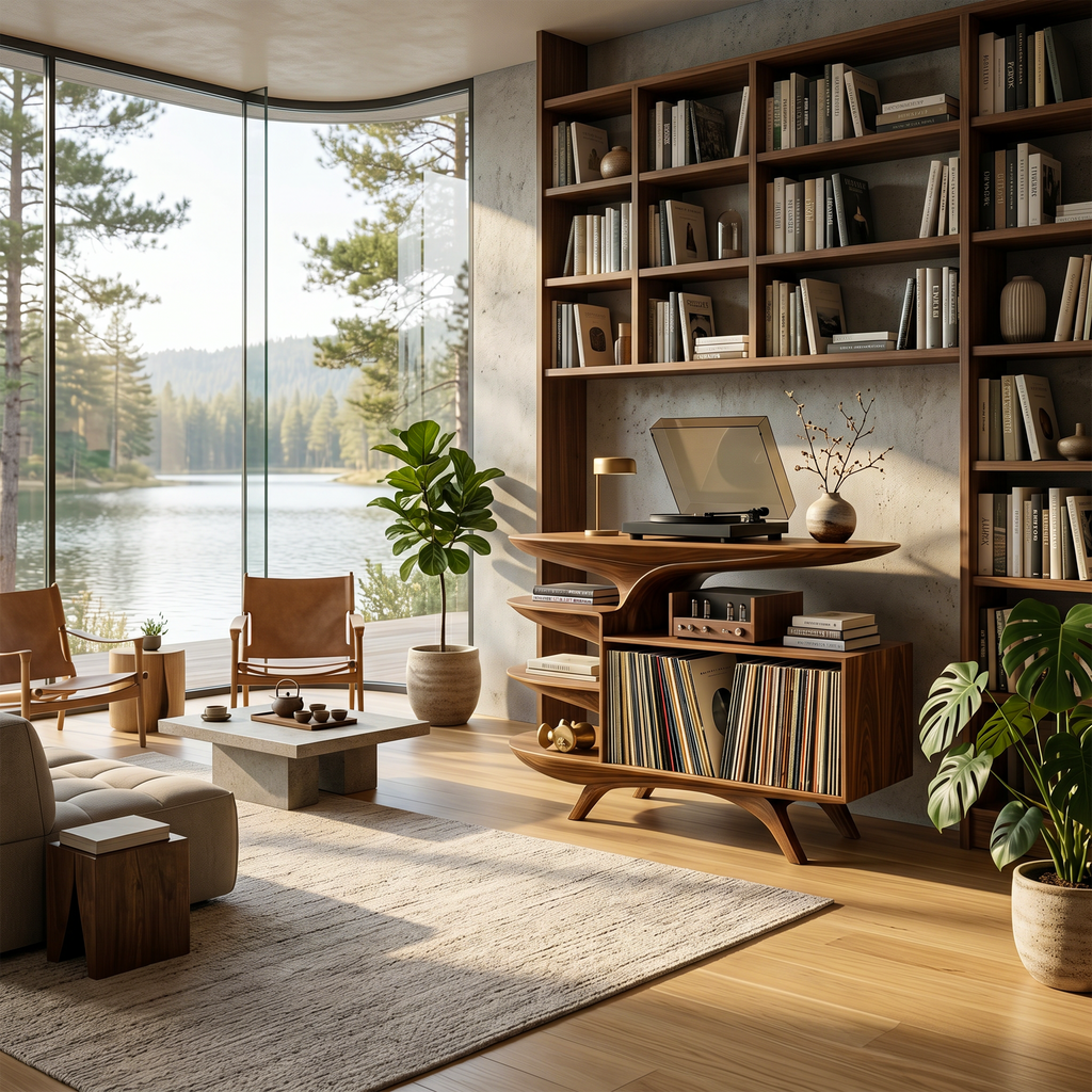 Modern Wooden Record Stand For Bedroom Interior Design Style