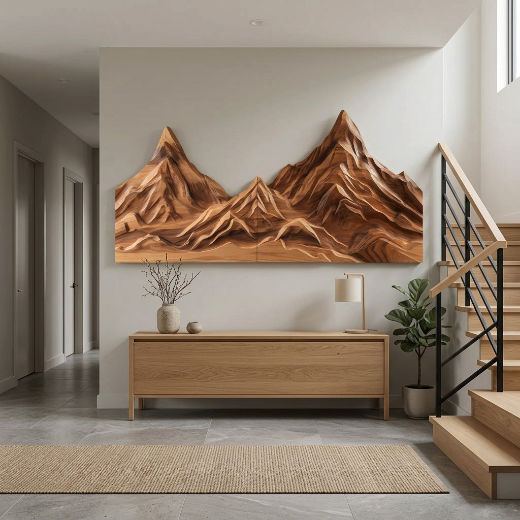 Rustic Mountain Wall Art Sculpture Hand Carved For Bedroom And Living Room