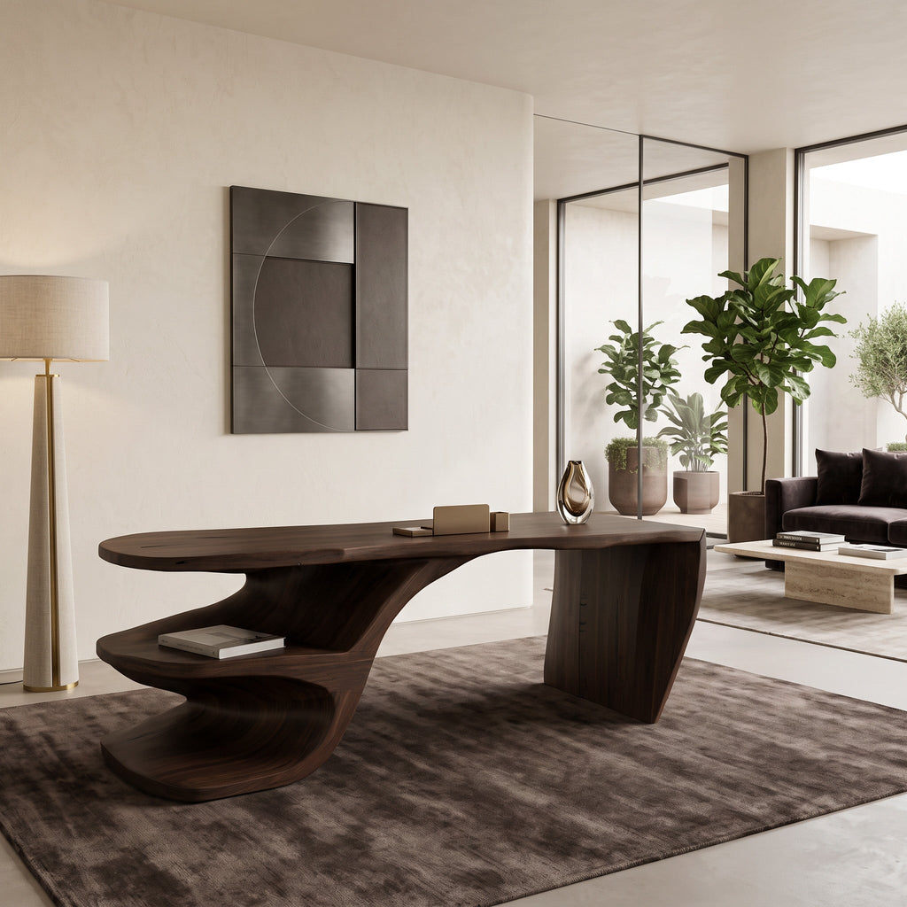 Sculptural Desk With Built-in Shelf For Home Office