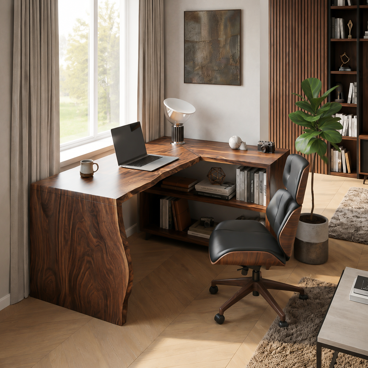 Modern L Shaped Wooden Desk With Bookshelf For Home Office Or Study
