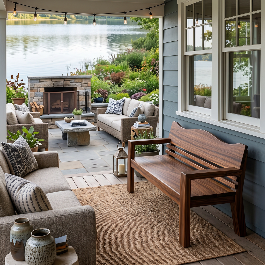 Rustic Outdoor Wooden Bench With Curved Backrest For Garden Or Porch