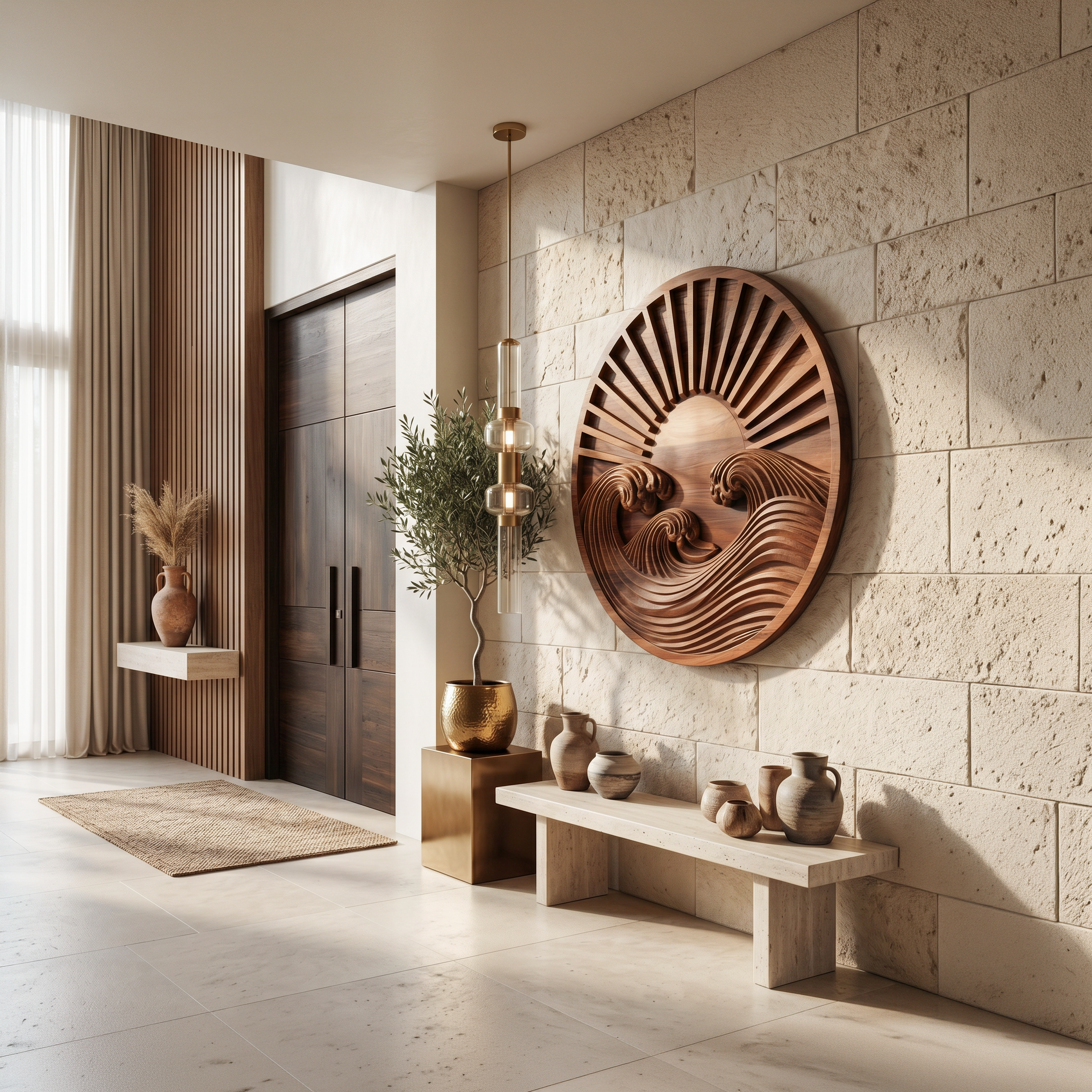 Round Wall Art With Carved Sun And Waves For Bedroom