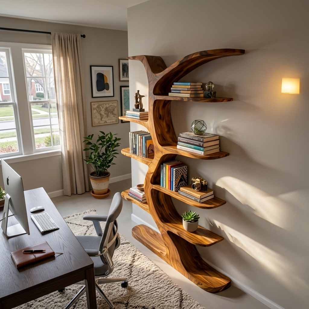 Modern Bookshelf Tree Inspired Curved Design For Living Room