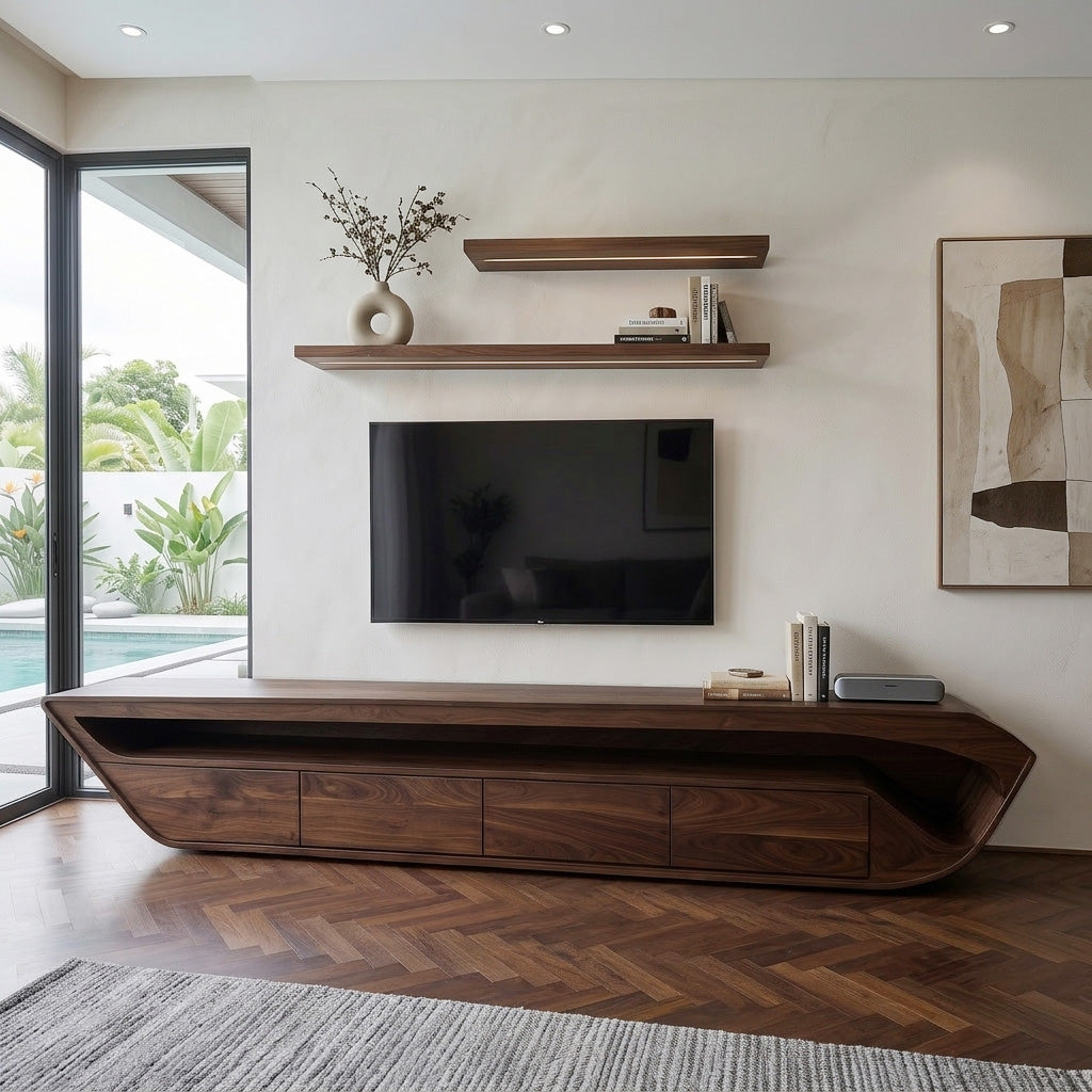Modern Sculptural TV Console With Drawer For Living Room