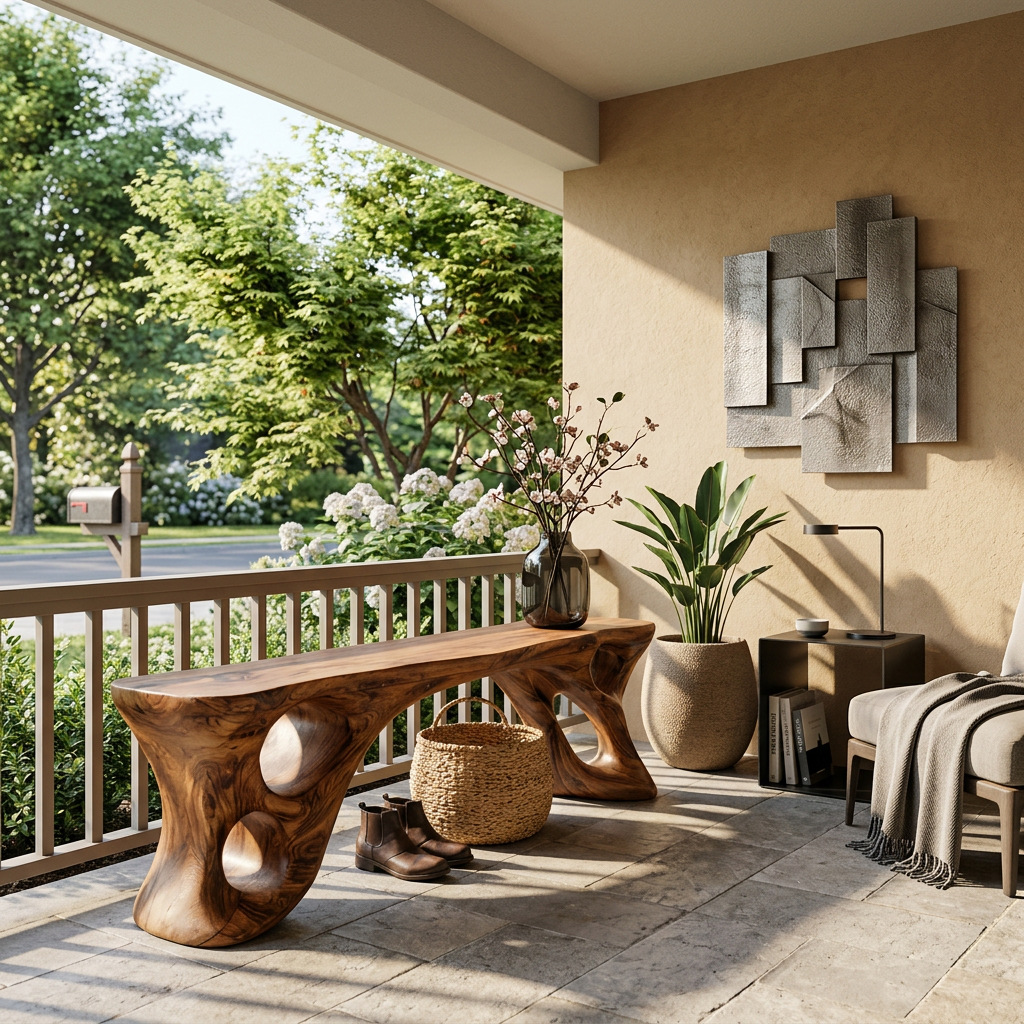 Sculptural Bench With Carved Design For Entryway