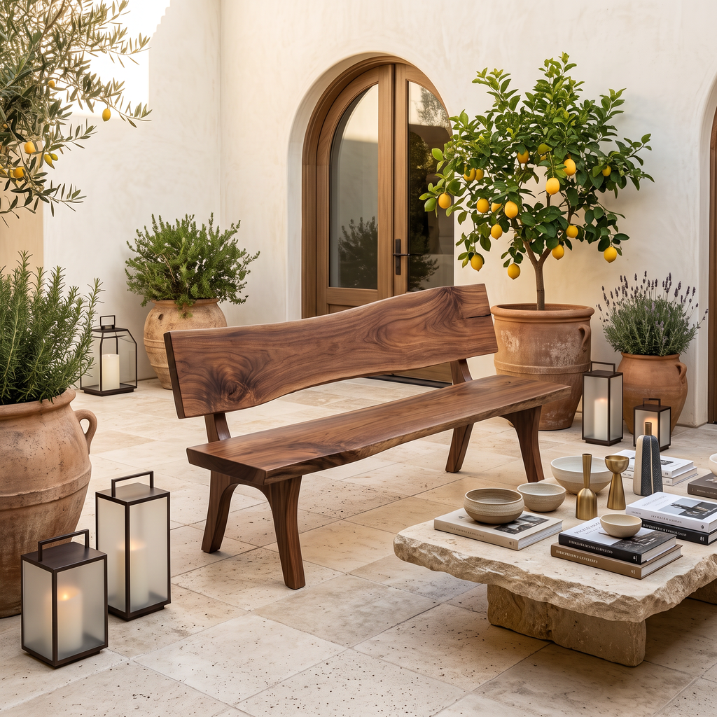 Contemporary Outdoor Wood Bench With Sculpted Back For Patio Or Courtyard