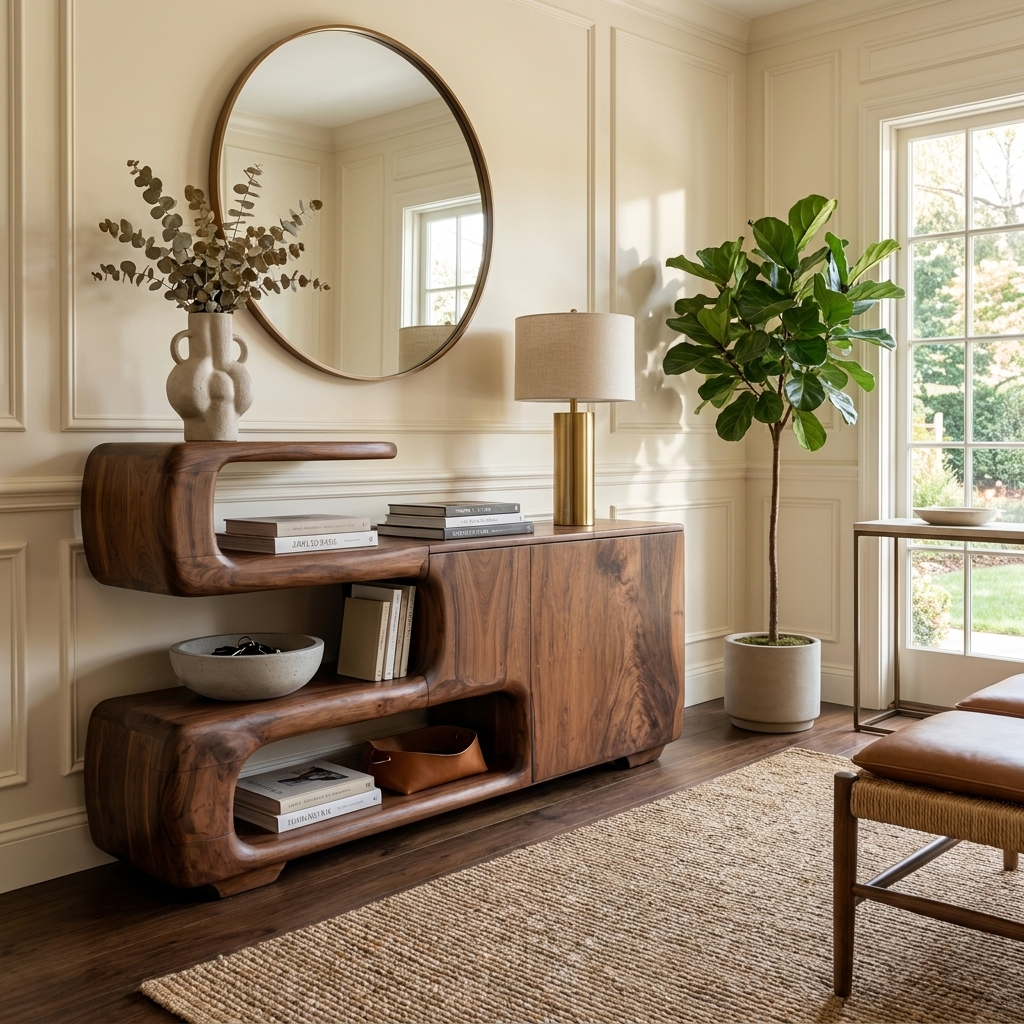 Organic Sideboard With Shelves And Cabinet For Living Room