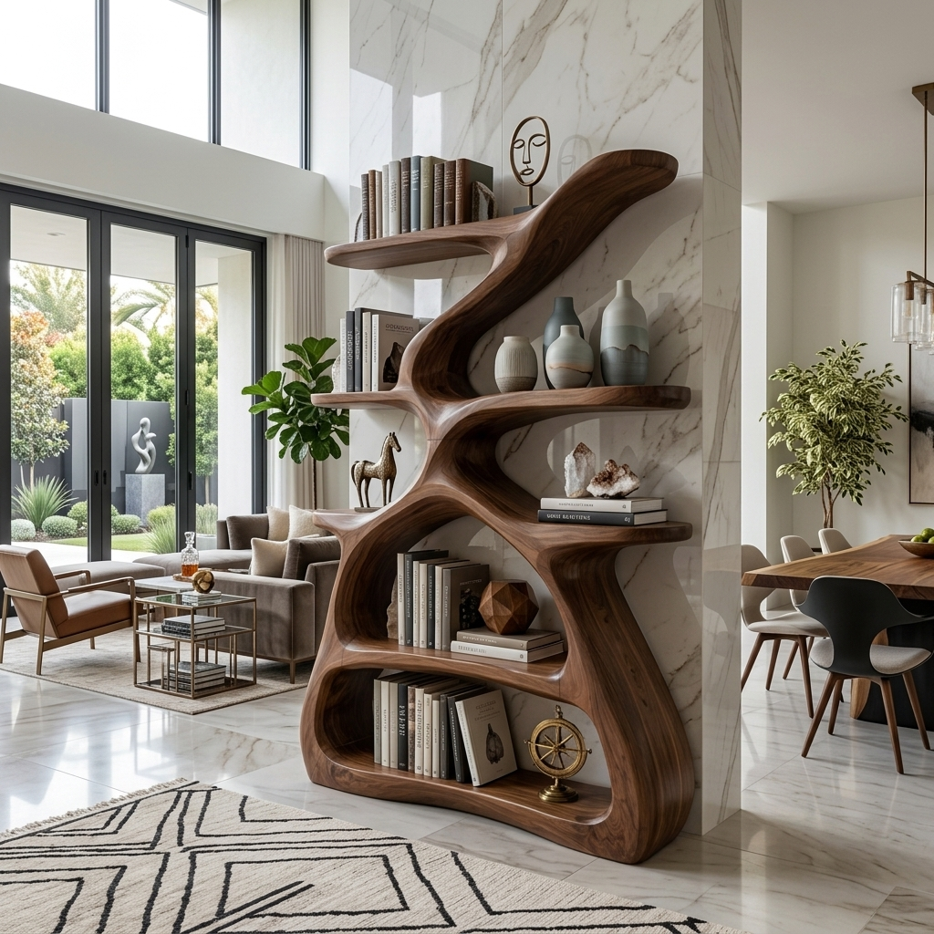 Modern Sculptural Bookshelf With S Shaped Design For Living Room