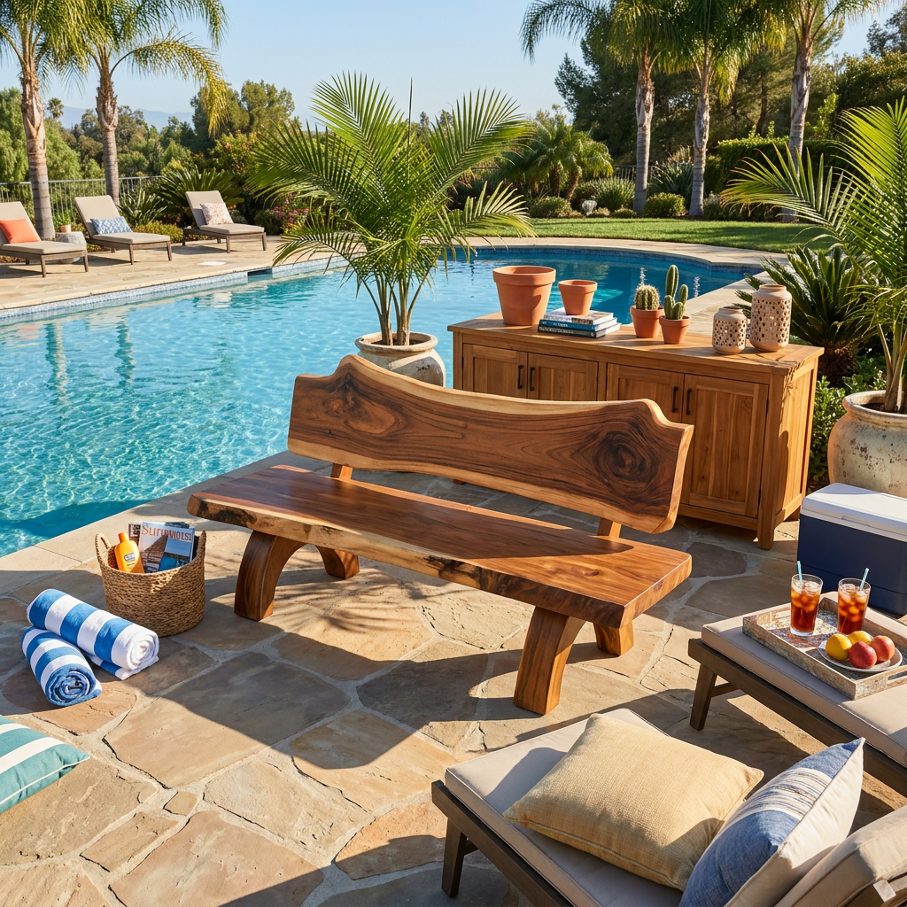 Rustic Live Edge Bench With Backrest For Patio Garden Courtyard