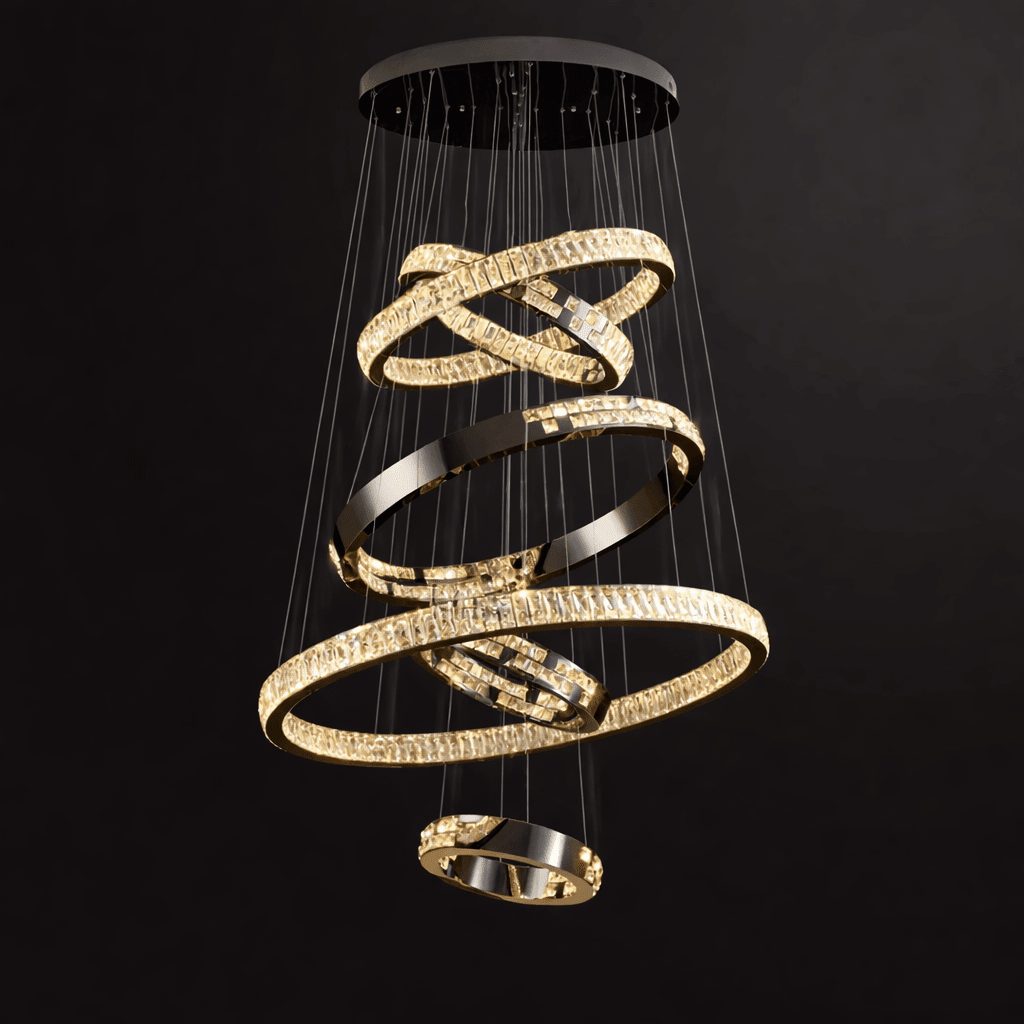 Langley 6-ring crystal chandelier illuminated