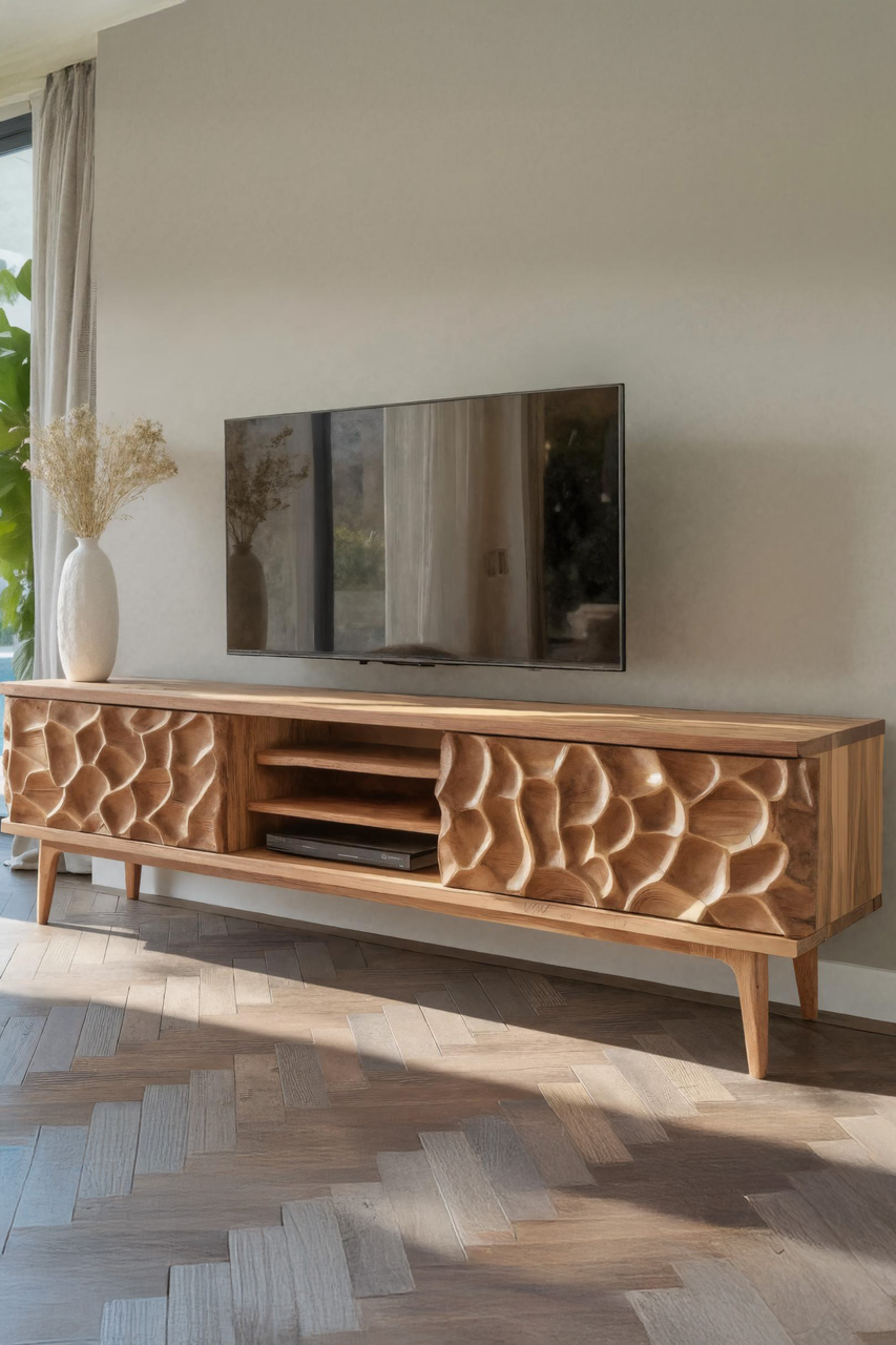 Rustic TV Stand With Carved Doors For Living Room