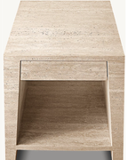 Luxury Beige Travertine Square Side Table with Integrated Drawer & Open Shelf 22×24in