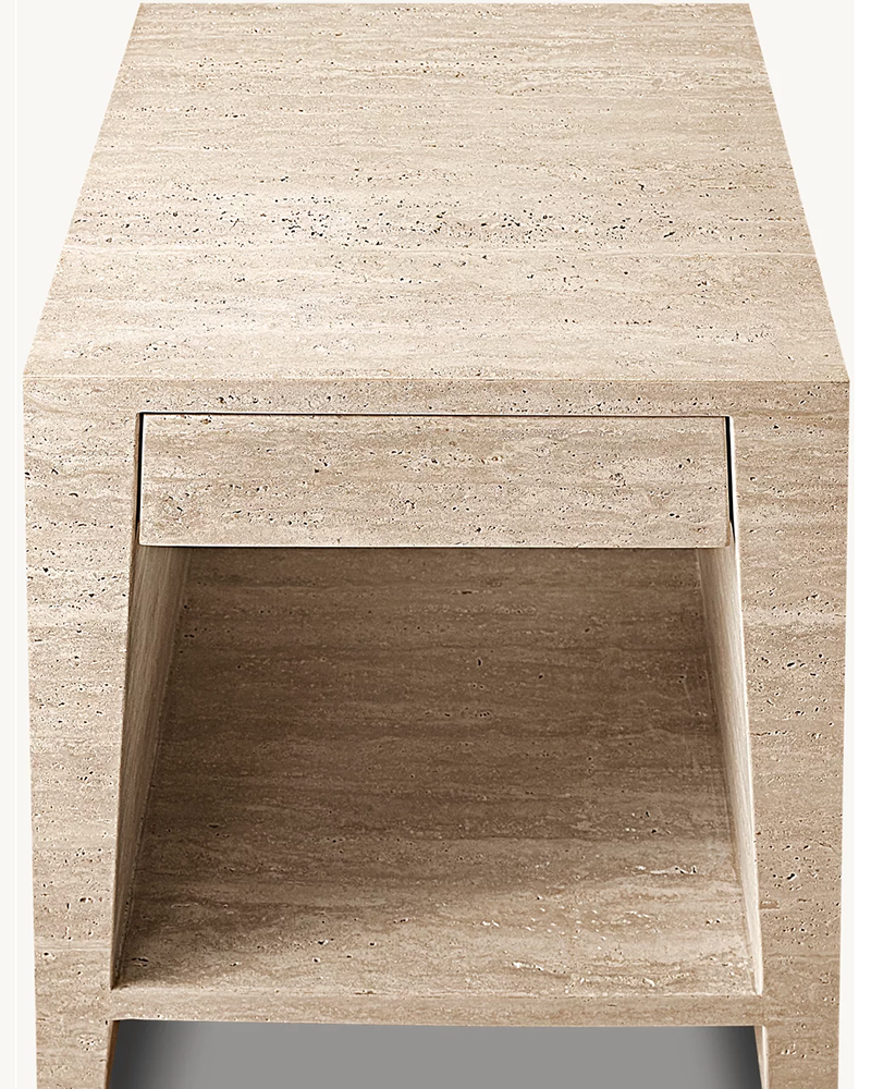 Luxury Beige Travertine Square Side Table with Integrated Drawer & Open Shelf 22×24in