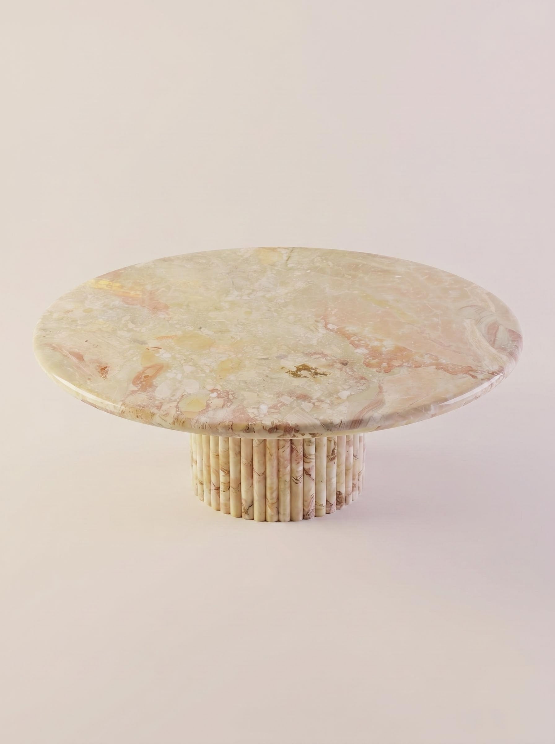 Breccia Aurora Marble Round Coffee Table with Petal Edge Pedestal Base | Luxury Natural Stone Furniture