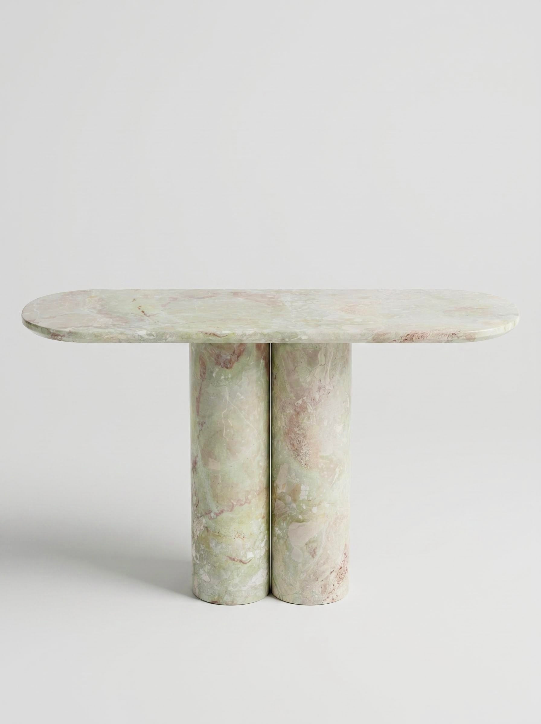 Light Green Natural Marble Double Column Oval Console Table, Luxury Entryway Accent Table for Home Decor
