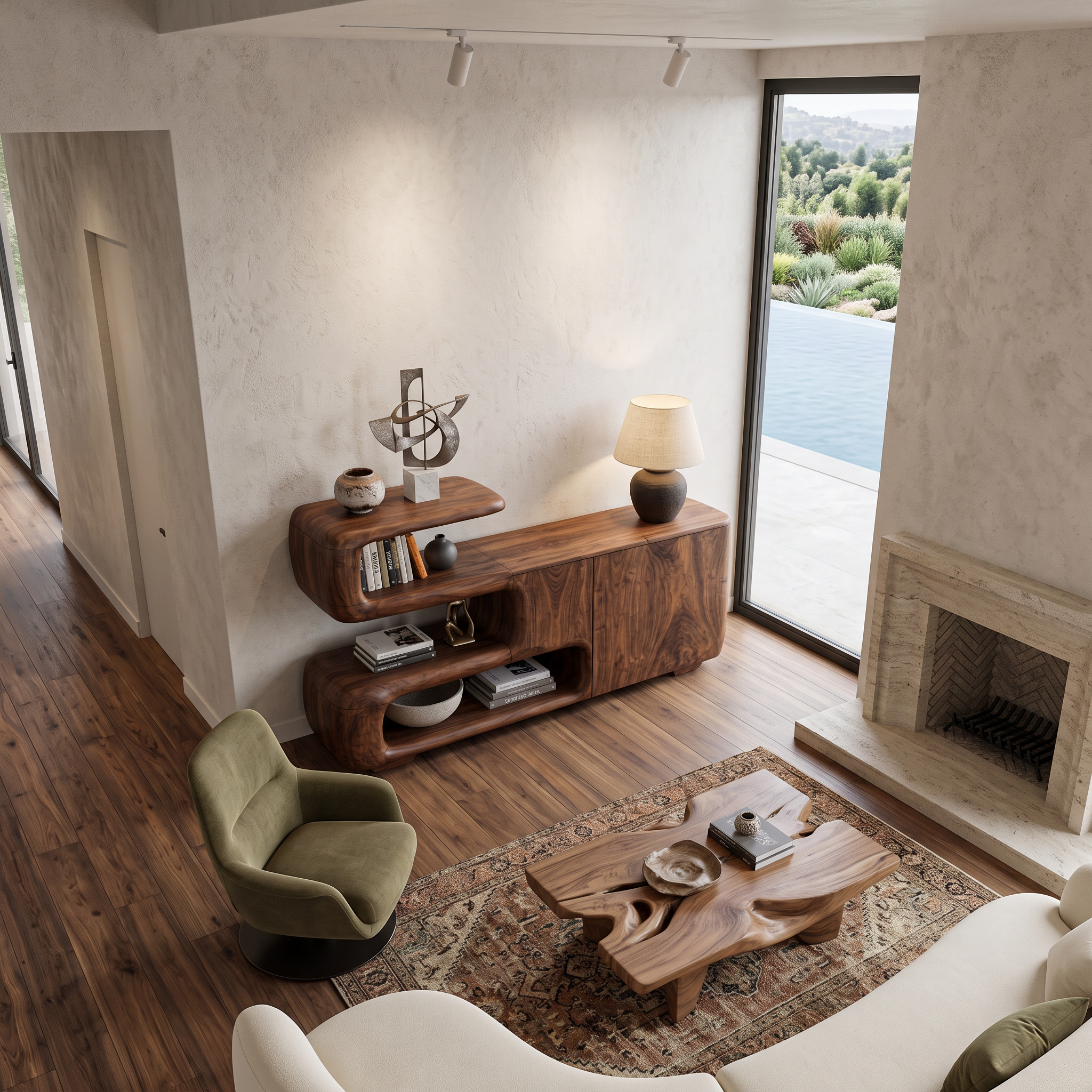 Organic Sideboard With Shelves And Cabinet For Living Room