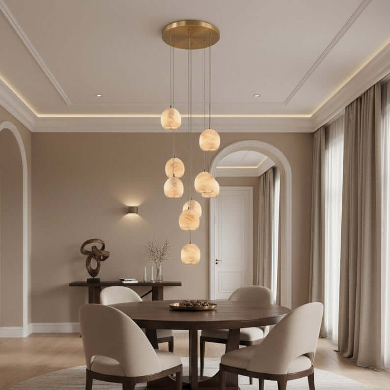 Auris 9-light marble chandelier full fixture view