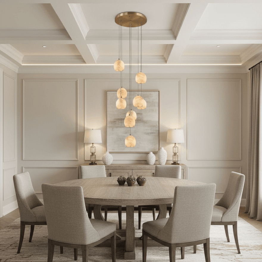 Auris 9-light marble chandelier illuminated over a dining table