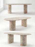Natural Luxury Stone Oval Dining Table, One-Piece Solid Slab Cut, Unique Pink-Green Natural Veining, Sturdy Double Pedestal Base for Home Dining & Gatherings