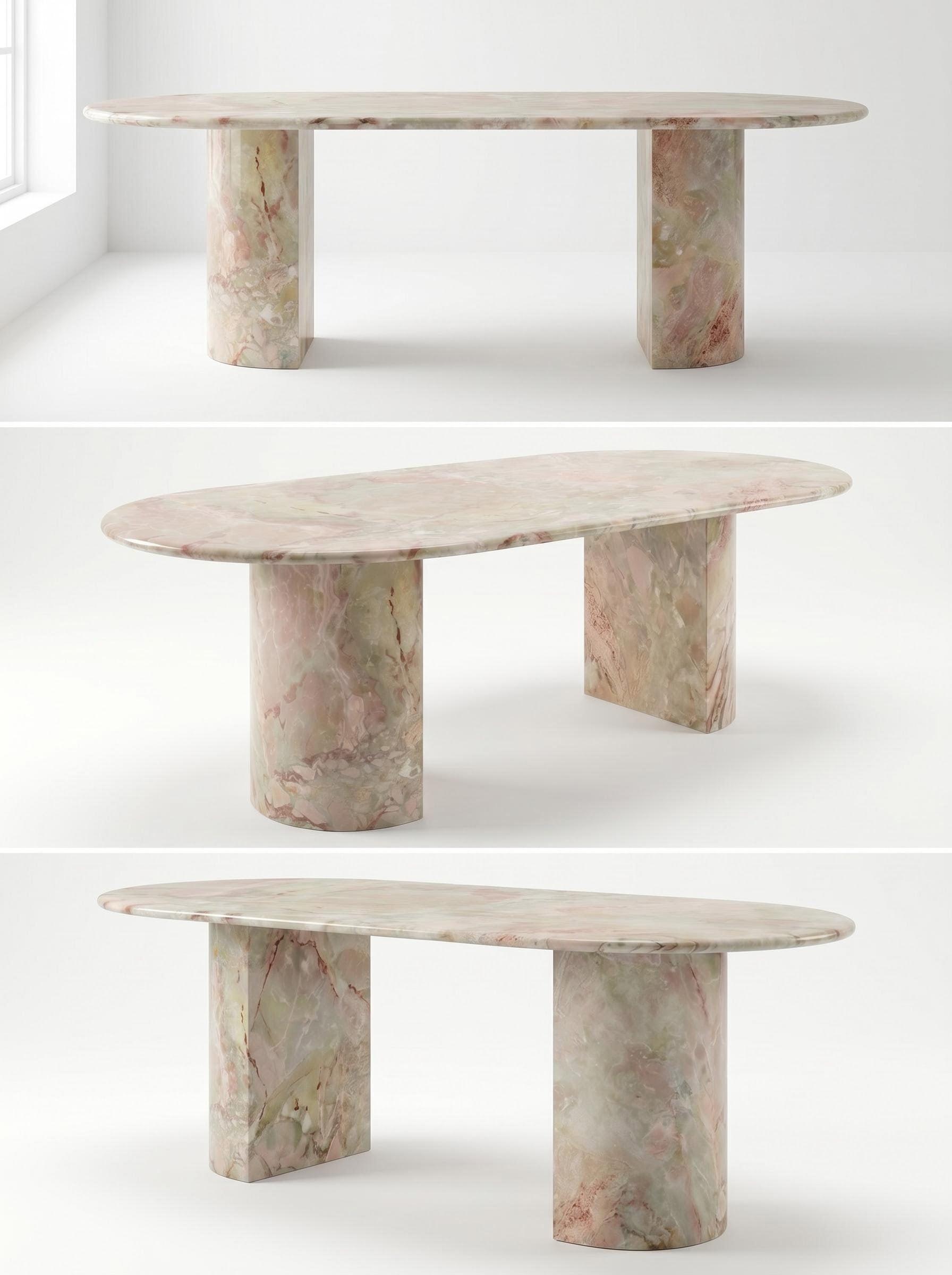Natural Luxury Stone Oval Dining Table, One-Piece Solid Slab Cut, Unique Pink-Green Natural Veining, Sturdy Double Pedestal Base for Home Dining & Gatherings