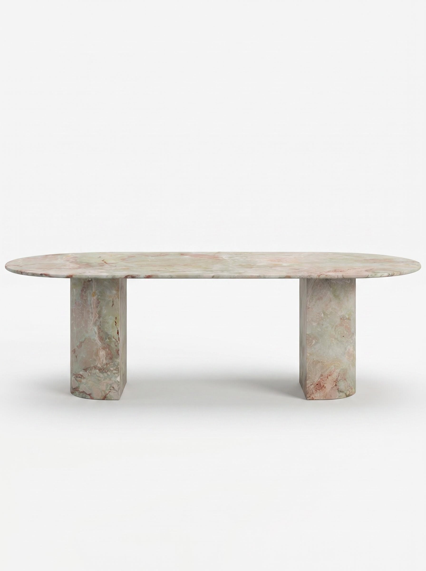Natural Luxury Stone Oval Dining Table, One-Piece Solid Slab Cut, Unique Pink-Green Natural Veining, Sturdy Double Pedestal Base for Home Dining & Gatherings