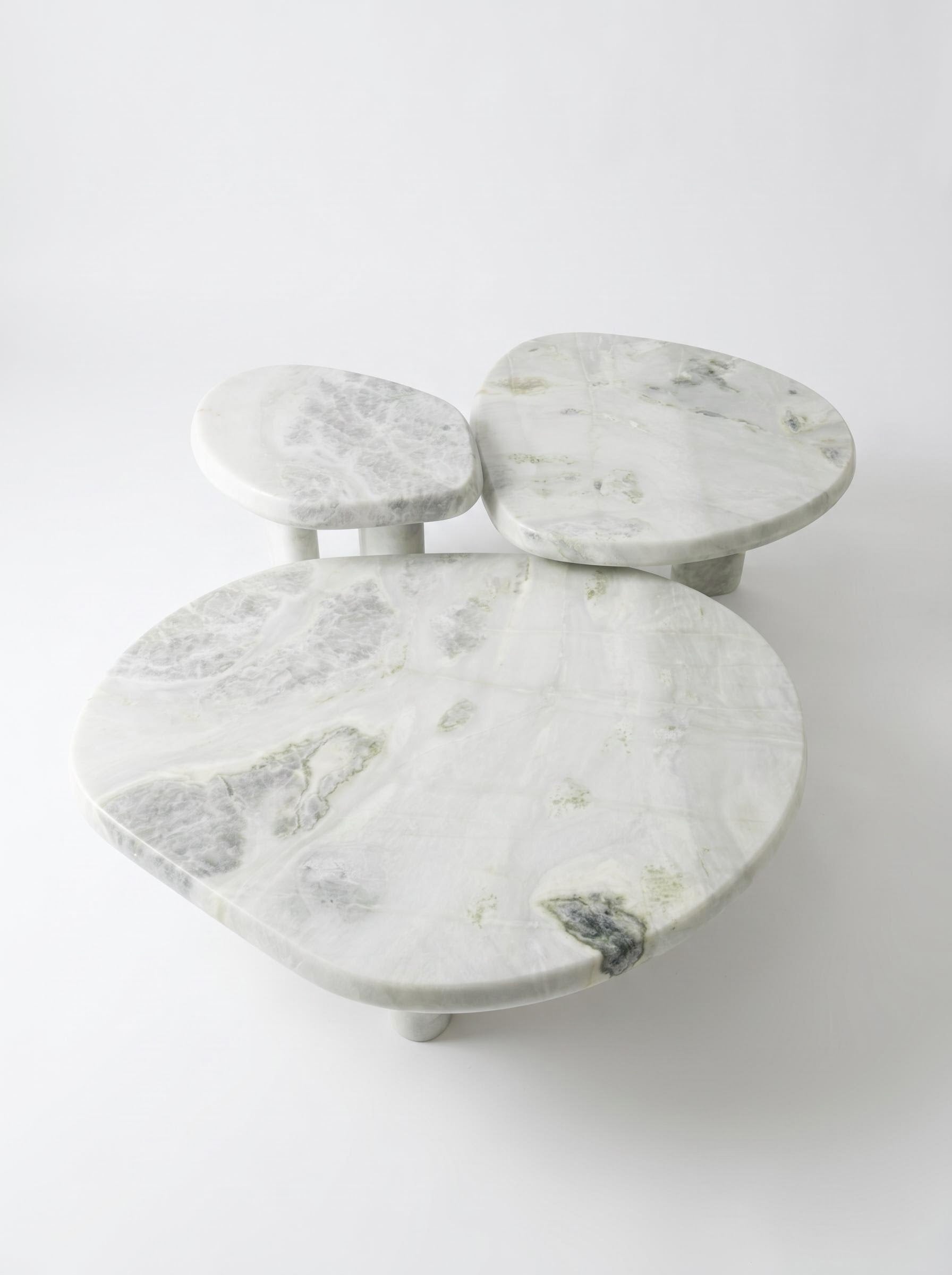 Luxury Green Forest Marble Nesting Coffee Table Set with Three Organic Sculptural Pieces