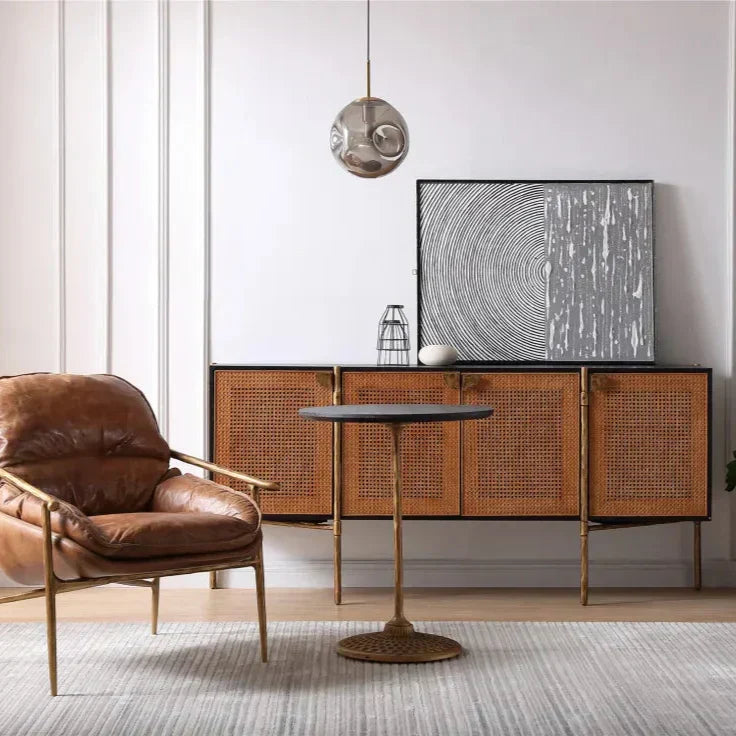 Hand-Forged Metal Metal Frame Rattan Long Side Cabinet