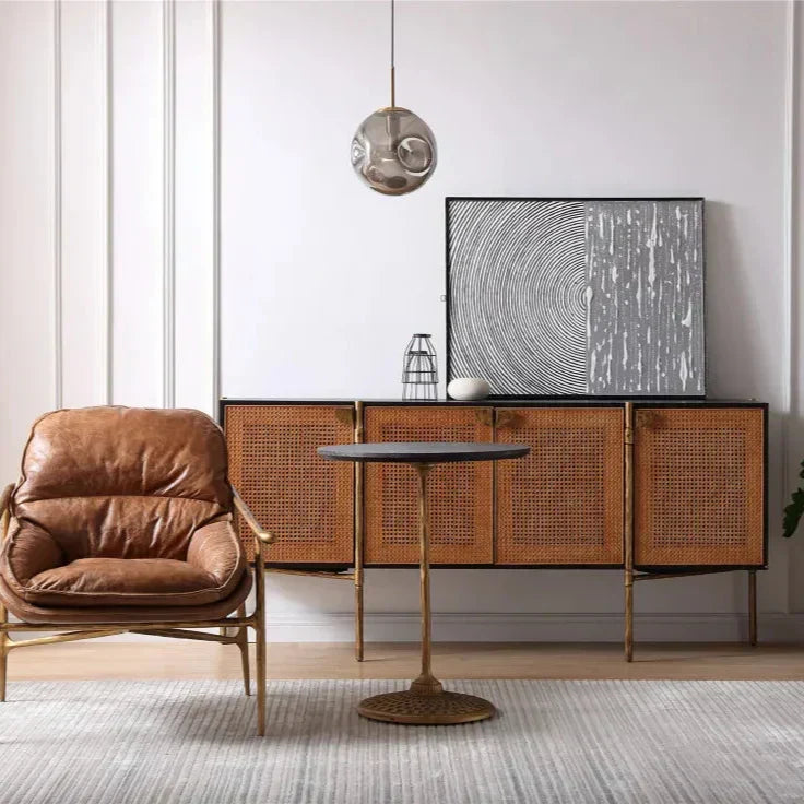 Hand-Forged Metal Metal Frame Rattan Long Side Cabinet