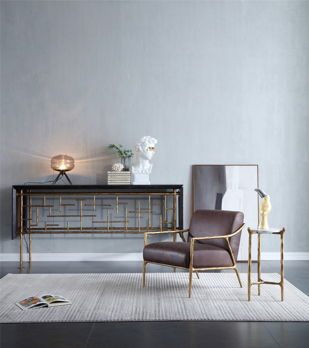 Hand-Forged Metal Metal Frame Rattan Console Table
