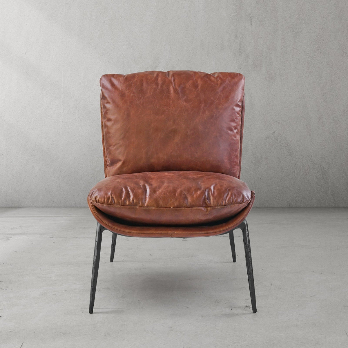 Hand-Forged Metal Vintage Leather Armrest Lounge Chair
