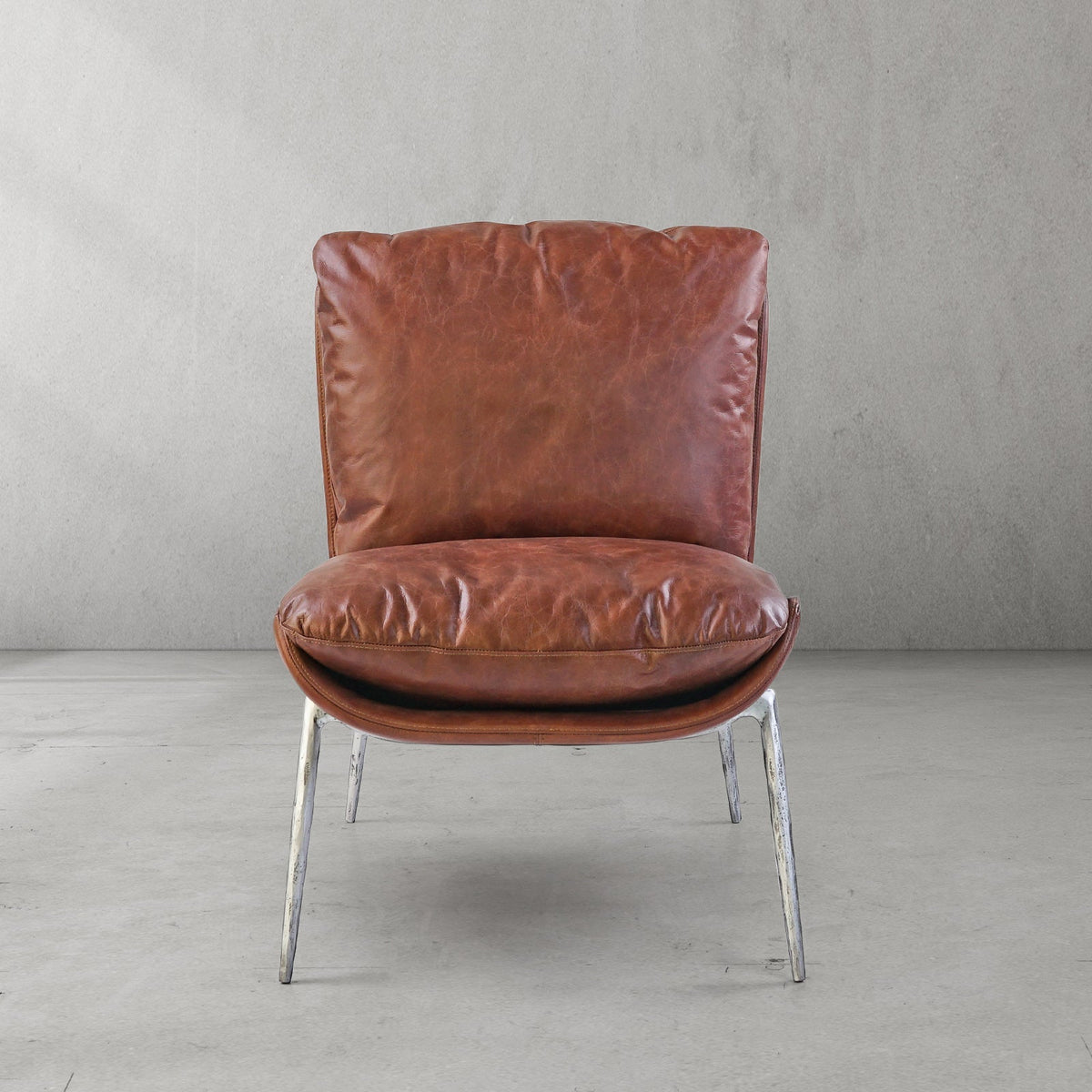 Hand-Forged Metal Vintage Leather Armrest Lounge Chair
