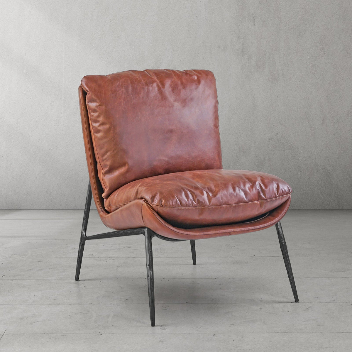 Hand-Forged Metal Vintage Leather Armrest Lounge Chair